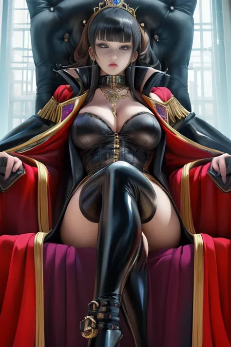 ((Super realistic details)) Shadow、octan render、8K、ultrasharp、Steampunk Body、Details of complex ornaments、cold color、Gothloli details、highly intricate detail、Realistic light、CGSoation Trends, radiant eyes featuring a stylish and confident evil queen, she h...