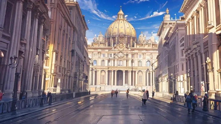 backgroundSt. Peters Basilica in Vatican City, childrens book style, simple, fullcolor, 2d background, with background characters from the era without taking center stage, front view, ancient basilica, 1600s