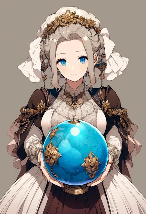 a woman, holding a blue globe with care, cute, feminine,