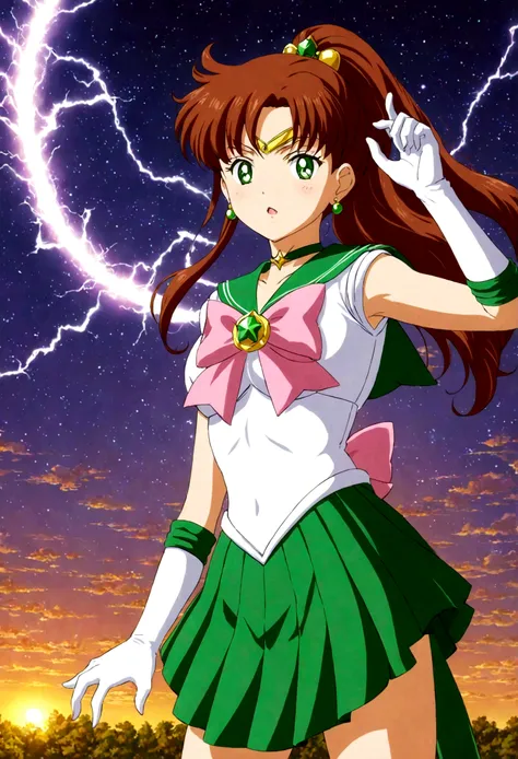 sailor jupiter bringing the thunder! masterpiece, best quality, 1girl, solo, looking at viewer, facing viewer, night, anime scre...