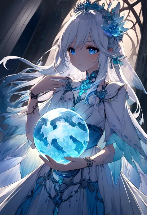 a girl, holding a blue globe with care, cute, feminine, luminescence, fantasy, 