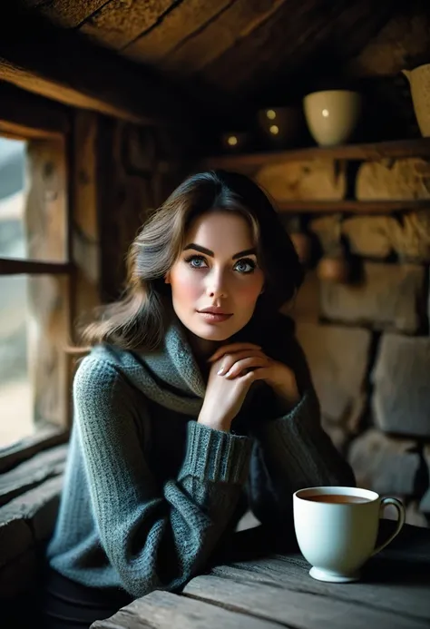 A professional photograph of an enigmatic female figure in a bothy, sitting on a nook with a cup of hot tea, looking at viewer with a mysterious eyes, awkward encounter, masterpiece photoshoot, realistic style, low key, shallow depth of fields