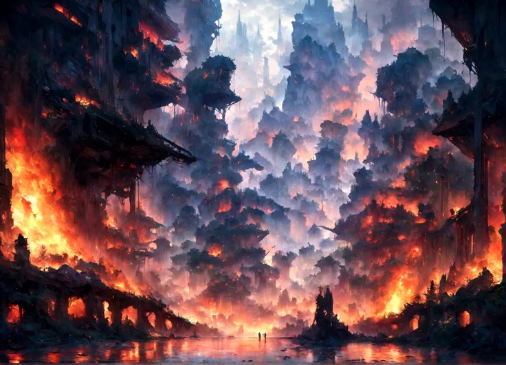 A dystopian cityscape comes to life in a mesmerizing tableau, with skyscrapers ablaze and crumbling in the foreground. This vivid scene, captured in a striking digital painting, showcases a juxtaposition of futuristic architecture and ruin, creating a haun...