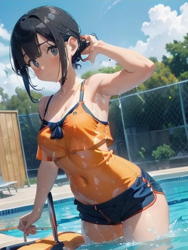 Orange swimsuit((Orange camisole,Navy blue piping),(Soaked with slimy liquid)),(Navy blue shorts),(A pool of slippery lotion),(Soaked with slimy liquid),Black Hair,Are standing,One beautiful girl,Big Breasts,Camisoles are available in any color other than ...