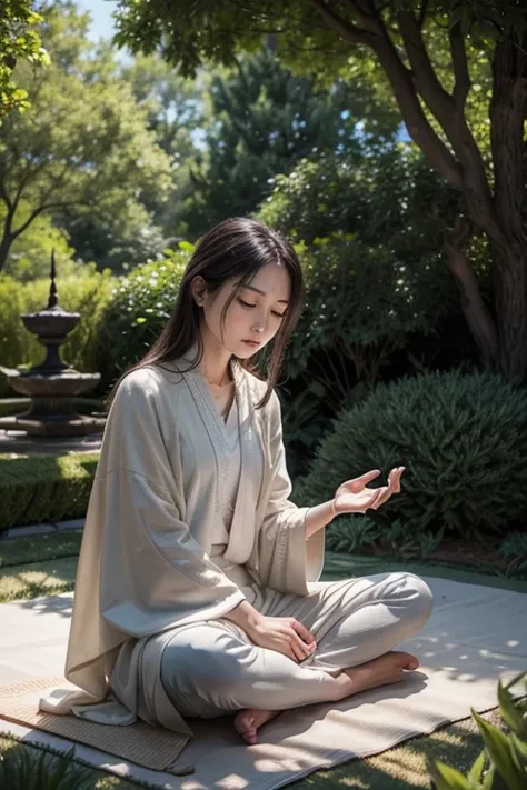 A meditation scene in a peaceful garden, focusing on the meditators serene expression.