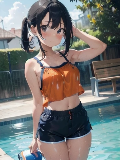 Orange swimsuit((Orange camisole,Navy blue piping),(Soaked with slimy liquid)),(Navy blue shorts),(A pool of slippery lotion),(Soaked with slimy liquid),Black Hair,Are standing,One beautiful girl,Big Breasts,Camisoles are available in any color other than ...