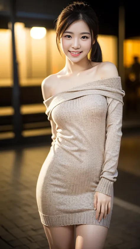 a gorgeous lady, age 18, in an light-color Asymmetrical Open Shoulder Knit Tight Dress, standing under night sky, dimpled smile, short double ponytail, well-endowed round bosom, in a natural pose, photorealistic, beautiful detailed eyes, hyper-realism, hig...