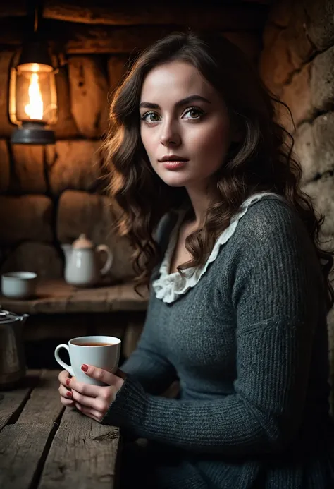 A professional photograph of an enigmatic female figure in a bothy, sitting on a nook with a cup of hot tea, looking at viewer with a mysterious eyes, awkward encounter, masterpiece photoshoot, realistic style, low key, shallow depth of fields