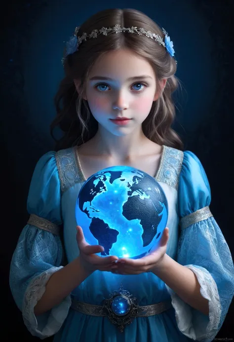 a girl, holding a blue globe with care, cute, feminine, luminescence, fantasy, 