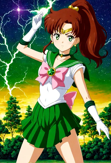 sailor jupiter bringing the thunder! masterpiece, best quality, 1girl, solo, looking at viewer, facing viewer, night, anime scre...