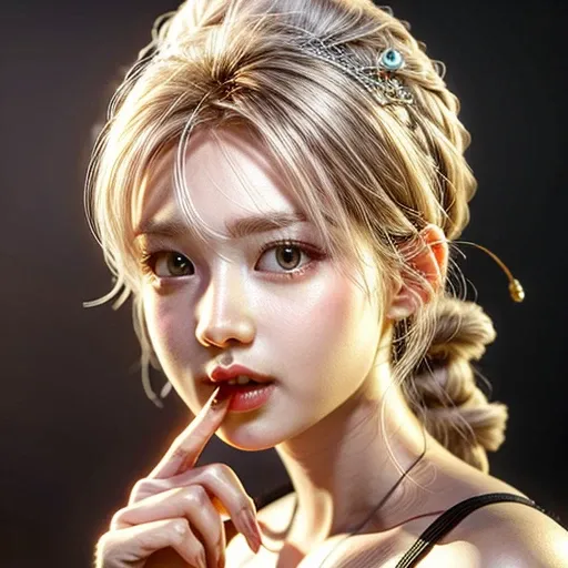 (highest quality,Super detailed,Physically Based Rendering:1.2), (RAW, Realistic, Photorealistic:1.37), (Acutance:0.85),Portraiture,Beautiful young woman with Delicate facial features,Soft lighting, ((Playfully licking finger with tongue, Gently placing a ...