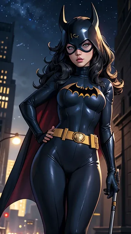 [1girll (batgirl) 1.2] (night sky, cityscape, gotham city background) [reality 0.8] [3d 0.9] [mask, long hair, blue eyes, tights...