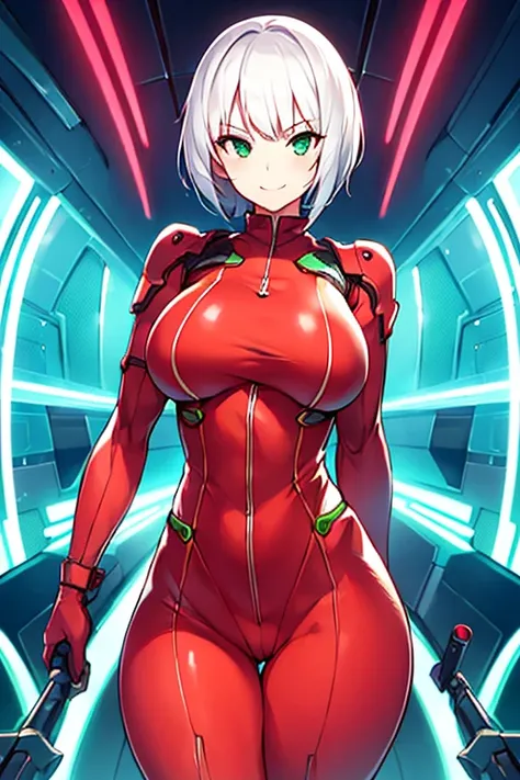 1girl, white hair, very short hair, red bodysuit, bodysuit, green eyes, futuristic, machinery, science-fiction, large breasts, toned, breasts, thick thighs, smile, sword, neon trim, neon, neon lights, green trim, ((red bodysuit))