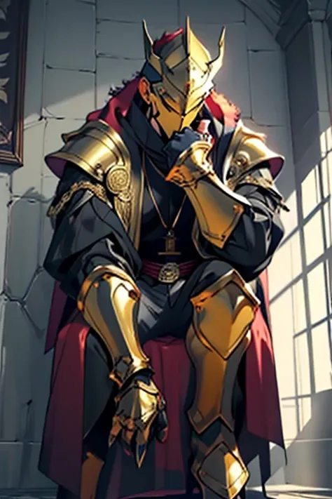 make a golden knight with death mask, he is in the hall, sitting on a throne, looking menacingly with a relaxed pose ((taking the whole body))