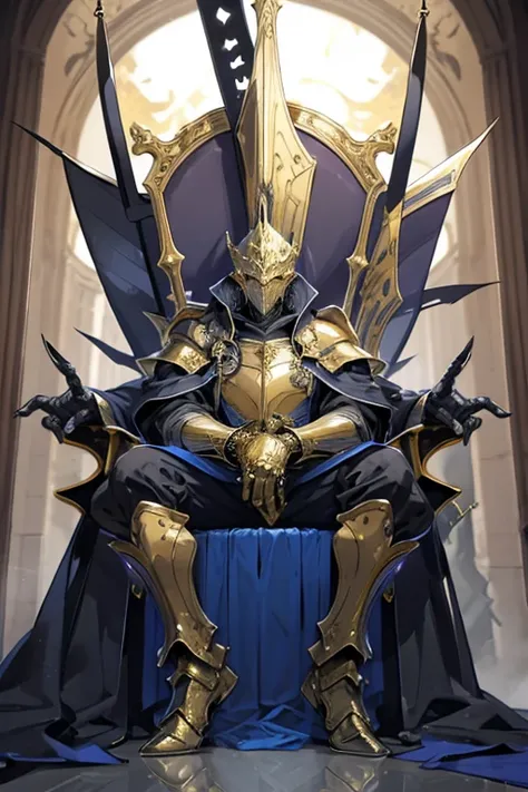 make a golden knight with death mask, he is in the hall, sitting on a throne, looking menacingly with a relaxed pose ((taking the whole body))