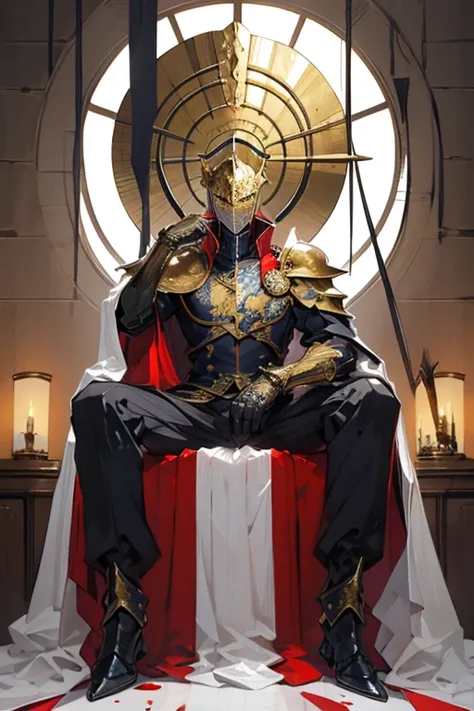 make a golden knight with death mask, he is in the hall, sitting on a throne, looking menacingly with a relaxed pose ((taking the whole body))