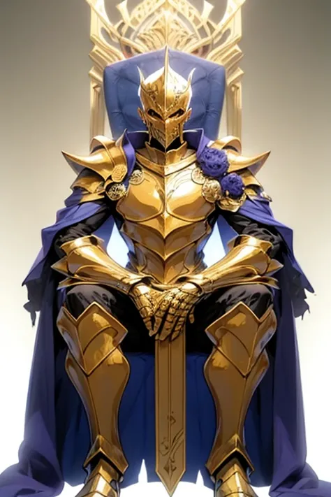 make a golden knight with death mask, he is in the hall, sitting on a throne, looking menacingly with a relaxed pose ((taking the whole body))