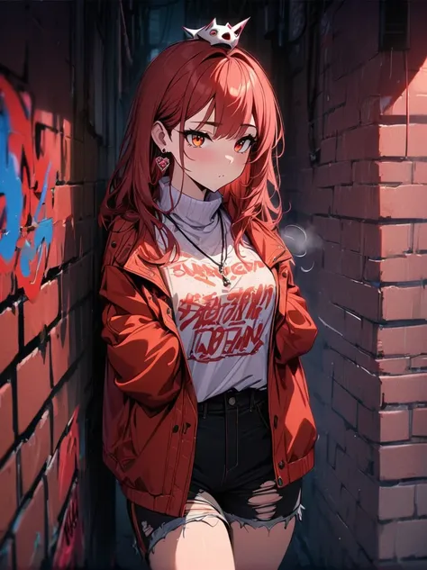 (masterpiece, best quality, 1 girl, Solitary, Intricate details, Chromatic Aberration), Practical, ((Moderate breathing)),long hair, Red hair, Red decoration on head, pink highlights, Amber eyes, earrings, Sharp eyes, necklace, Neon shirt, ripped shorts, U...