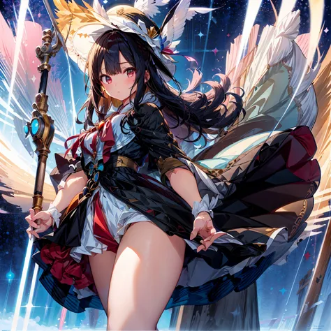 1girl、(masterpiece, highest quality、Official Art、The best composition、Award-winning works), (Thin Hair), Super detailed, Anime Style, alone, full length, Concept Art,Magical girl　Big hat　Cape, Magic Stick,  Super huge, Tall and stylish, Very large.、White B...