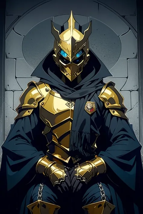 make a golden knight with death mask, he is in the hall, sitting on a throne, looking menacingly with a relaxed pose ((taking the whole body))