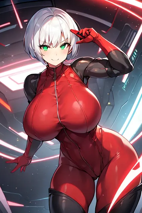 1girl, white hair, very short hair, red bodysuit, bodysuit, green eyes, futuristic, machinery, science-fiction, huge breasts, toned, breasts, thick thighs, smile, thighhighs, black thighhighs, ((black thighhighs)), neon trim, neon, neon lights, ((red bodys...