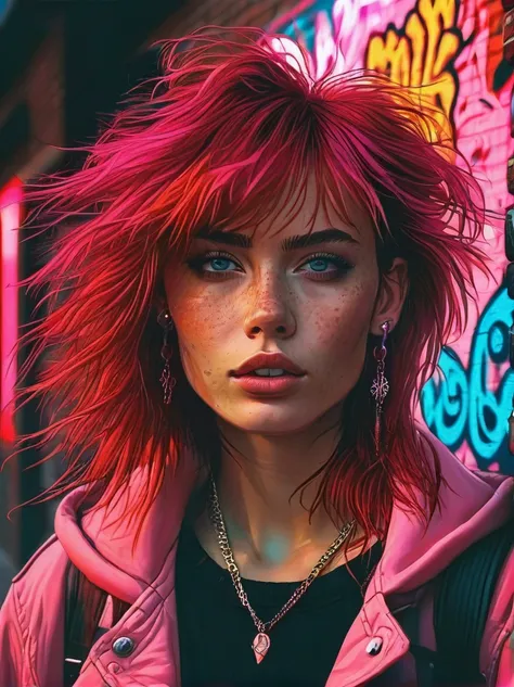 (masterpiece, best quality, 1 girl, Solitary, Intricate details, Chromatic Aberration), Practical, ((Moderate breathing)),long hair, Red hair, Red decoration on head, pink highlights, Amber eyes, earrings, Sharp eyes, necklace, Neon shirt, ripped shorts, U...