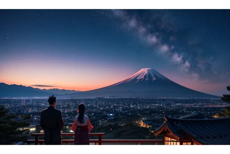 The night sky is deep purple、dark blue、And it is filled with a gradation of coral colors.。In the distance, Mt. Fuji stands majestically.、A traditional five-story pagoda stands quietly nearby.。In the foreground、Two figures, a man and a woman、A silhouette is...