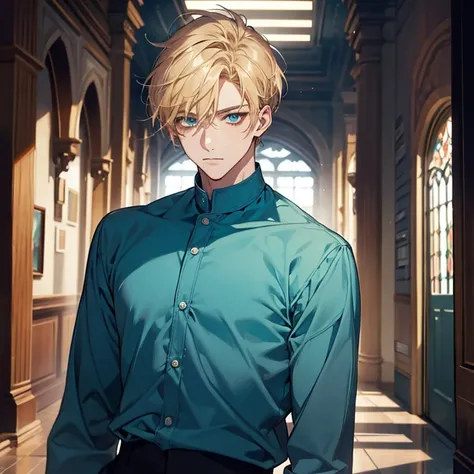 Masterpiece, best quality, solo, 1 male, short hair, turquoise eyes, blond hair, blue clothes