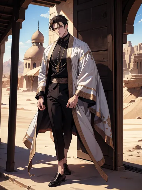 (absurdres, highres, ultra detailed), 1 male, adult, handsome, tall muscular guy, broad shoulders, finely detailed eyes and detailed face, desert, full body, middle eastern clothes, short black hair, brown eyes, focused on scenery, a guy starting journey