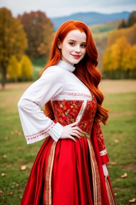 Madelaine Petsch dressed in traditional Georgian clothing and a sexy smile.