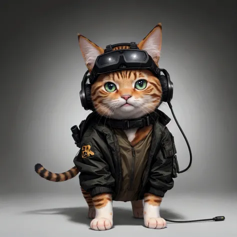 ((High resolution: 1.1)), ((Best quality, 8K, Artwork: 1.4)): A cute cat standing, wearing a headset on its head and a tactical jacket, depicted in high resolution with the best quality, showcasing incredible artistry and detail in 8K resolution.