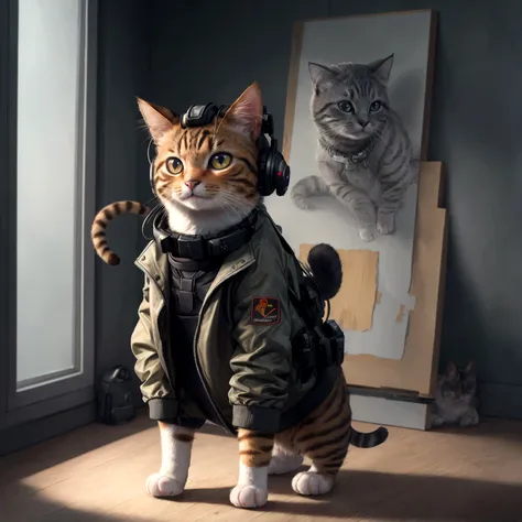 ((high resolution: 1.1)), ((best quality, 8k, artwork: 1.4)): a cute cat standing, wearing a headset on its head and a tactical ...