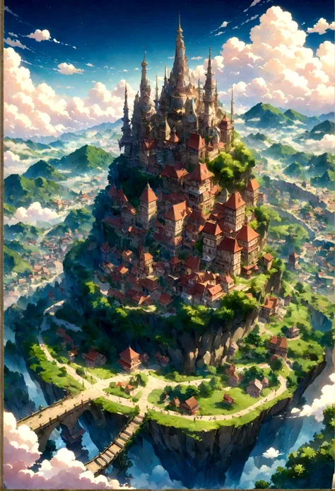 A highly detailed anime-style still art, Ghibli studio style, masterpiece, official art, professional, ((ultra-detailed)), 8k, ((Not show people)), fantastical city carved within a large, rugged mountain. The mountain should appear rough and imposing, with...