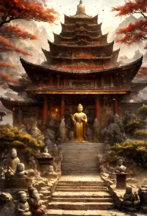 Huge stone Buddha statue，There is a staircase leading up to it, a Buddha教徒 Buddha, Zen temple background, Buddha教, Digital Painting of a Pagoda, Buddha, Buddha教徒, Temple Background, Background artwork, inspired by Kaigetsudō Anchi, Buddha教美術, Buddha, A bea...