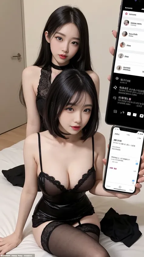  (high quality), (NSFW), vertical split screen, A naughty mature prostitute and a Korean adult man enjoying a smartphone chat app, She has gorgeously dyed hair and pretty face makeup, and wears a feminine dress and stockings as she sits on her bed and chat...