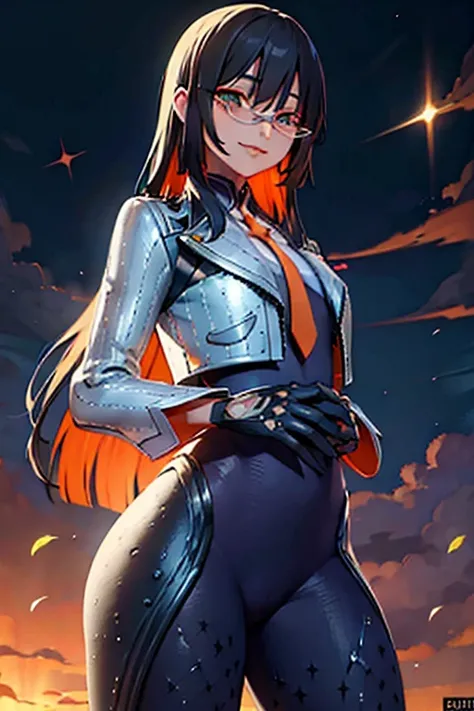 countess Daraku, long hair, glasses, gloves, pants, smile,  
BREAK looking at viewer,
BREAK outdoors,
BREAK (masterpiece:1.2), best quality, high resolution, unity 8k wallpaper, (illustration:0.8), (beautiful detailed eyes:1.6), extremely detailed face, pe...