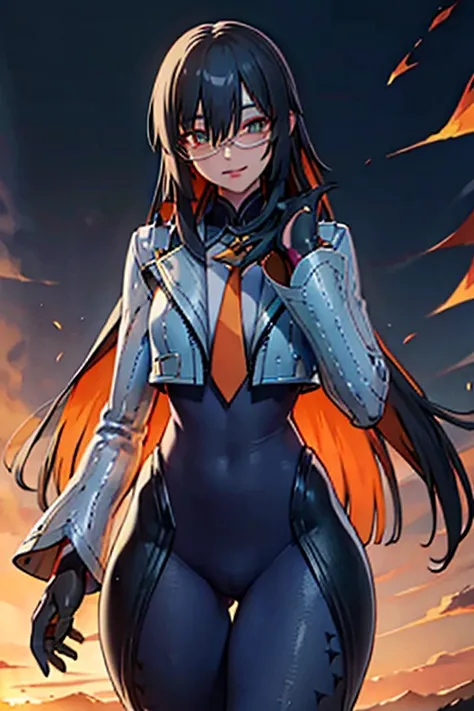 countess Daraku, long hair, glasses, gloves, pants, smile,  
BREAK looking at viewer,
BREAK outdoors,
BREAK (masterpiece:1.2), best quality, high resolution, unity 8k wallpaper, (illustration:0.8), (beautiful detailed eyes:1.6), extremely detailed face, pe...