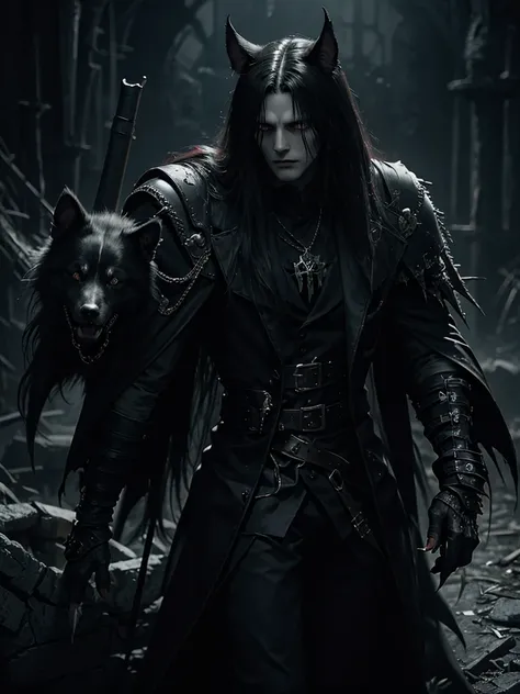 Alucard, Hellsing, demonic dogs, dark castle, intricate armor, detailed weapons, gothic horror, dramatic lighting, cinematic composition, muted color palette, chiaroscuro, moody atmosphere, dark fantasy, highly detailed, masterpiece