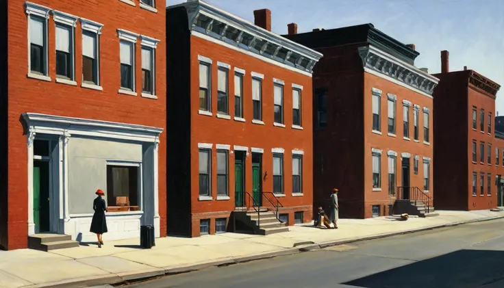 urban America with red brick ghetto homes, 1950ss, by Edward Hopper, best quality, masterpiece, very aesthetic, perfect composition, intricate details, ultra-detailed