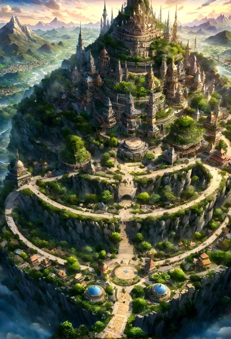 A highly detailed anime-style still art, Ghibli studio style, masterpiece, official art, professional, ((ultra-detailed)), 8k, ((Not show people)), Arabesque pattern, fantastical city carved within a large, rugged mountain. The mountain should appear rough...