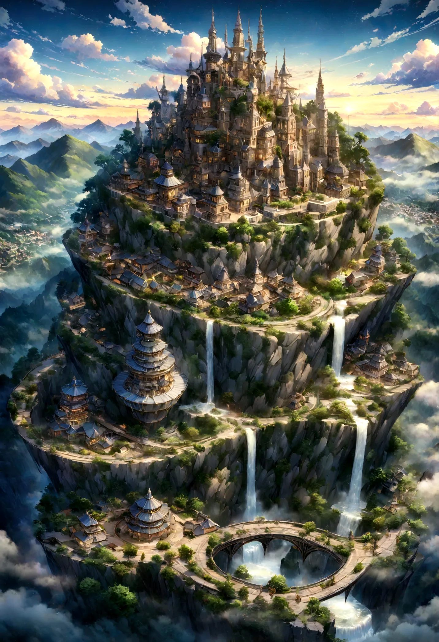 A highly detailed anime-style still art, Ghibli studio style, masterpiece, official art, professional, ((ultra-detailed)), 8k, ((Not show people)), Arabesque pattern, fantastical city carved within a large, rugged mountain. The mountain should appear rough...