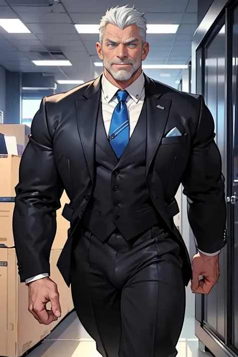 Old man (50 years old), blue eyes, short white hair (combed back), masculine face (expression lines), malicious smile, muscular body (huge: 1.9), chest (huge: 1.9), hairy body, huge bulge in the groin. He is in an office, wearing a black suit, blue tie, bl...