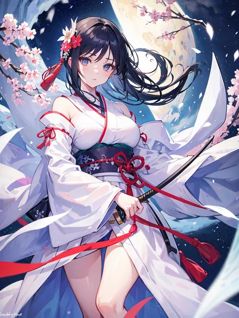 Kuchiki Rukia, enormous breasts, translucent body-hugging kimono, beautiful detailed eyes, beautiful detailed lips, extremely detailed face and eyes, long eyelashes, holding katana, ice katana, snowy Japanese temple, sakura flowers, snow, winter landscape,...