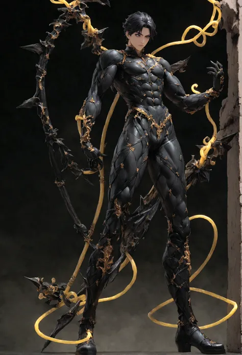 Male, Black hair, Black eyes, Monowire weapon, (perfect figure), Void powers
