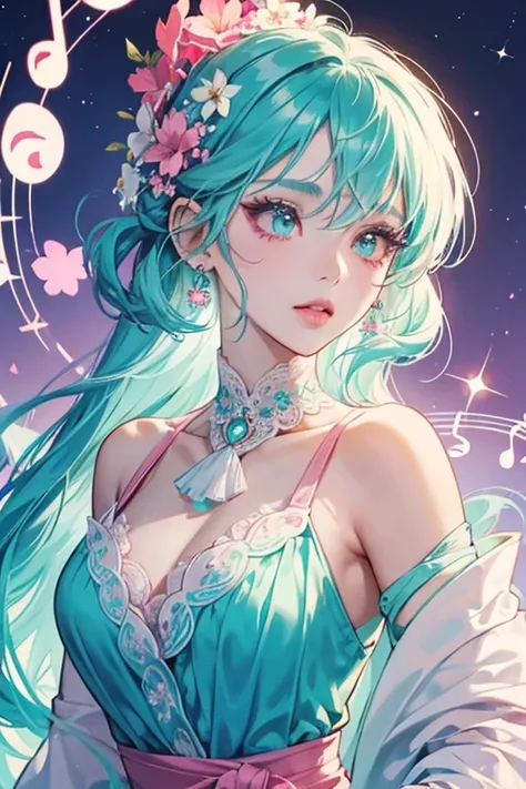 Onputchi is turquoise and her head is shaped like a music note. She wears white lace around her neck and has a dark pink flower on the left side of her head. She has pink lips and her eyes are shaped like music notes as well (her eyelashes being the points...