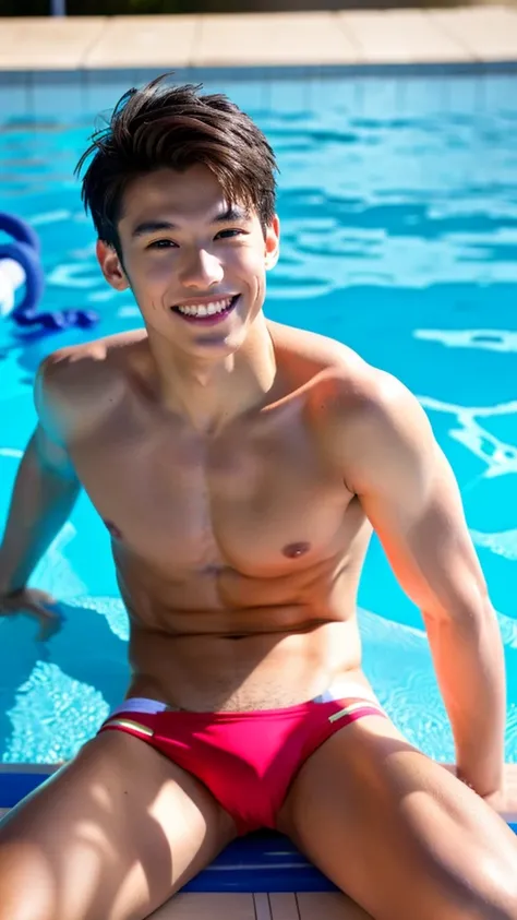 male Age 31 swimwear lifeguard topless smile