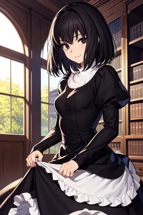 masterpiece, best quality, alicekuonji, library, looking at viewer, smile, long skirt, long black dress, puffy sleeves