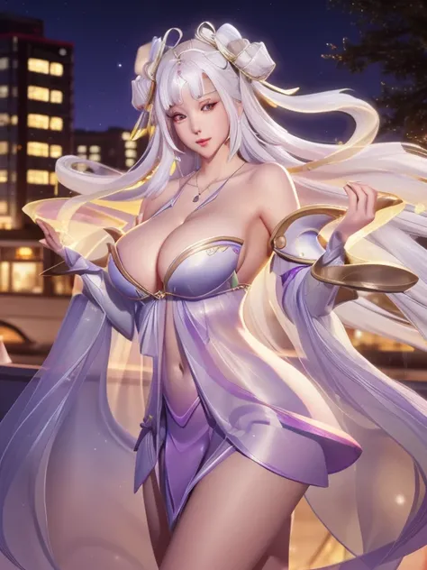 WZRY becomes YP, 1 Girl, Solitary,(((Full breasts,)))(((Large Breasts))) (((Cleavage))), white hair, long hair, Jewelry, Bare shoulders, Separate sleeves, skirt, Hair accessories, looking at the audience, necklace, city View, night, pool,twice as good,Ribb...