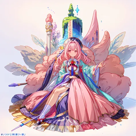 One girl、(masterpiece, highest quality、Official Art、The best configuration、Award-winning works), (Thin Hair), Very detailed, Anime Style, alone, full length, Concept Art,Magical girl　Big hat　Cape, A magic wand with a very detailed design,  Super huge, Tall...