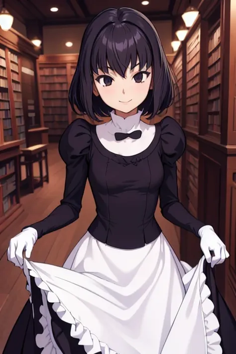 masterpiece, best quality, alicekuonji, library, looking at viewer, smile, long skirt, long black dress, white gloves, puffy sleeves